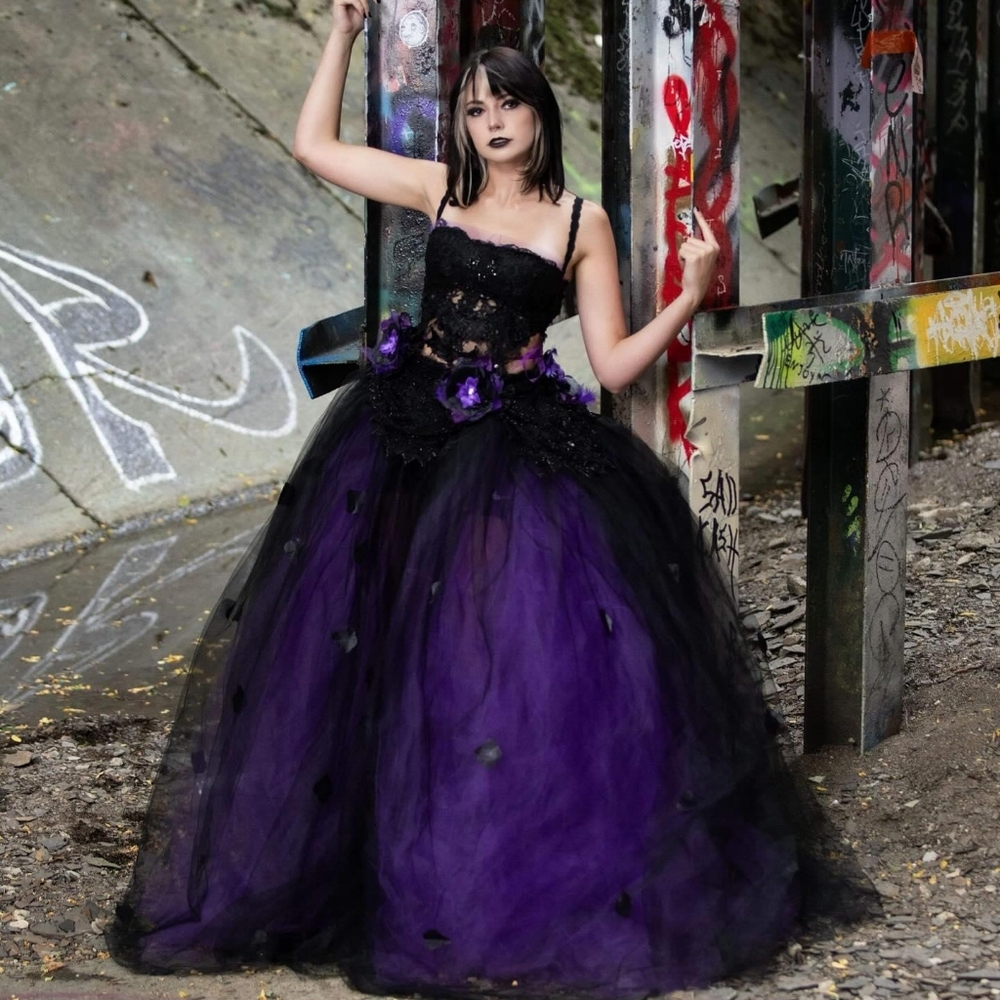"LADY ANA" Custom Order Black & Purple Rose Petal Tulle Wedding Ballgown Set - Picture 11 of 13